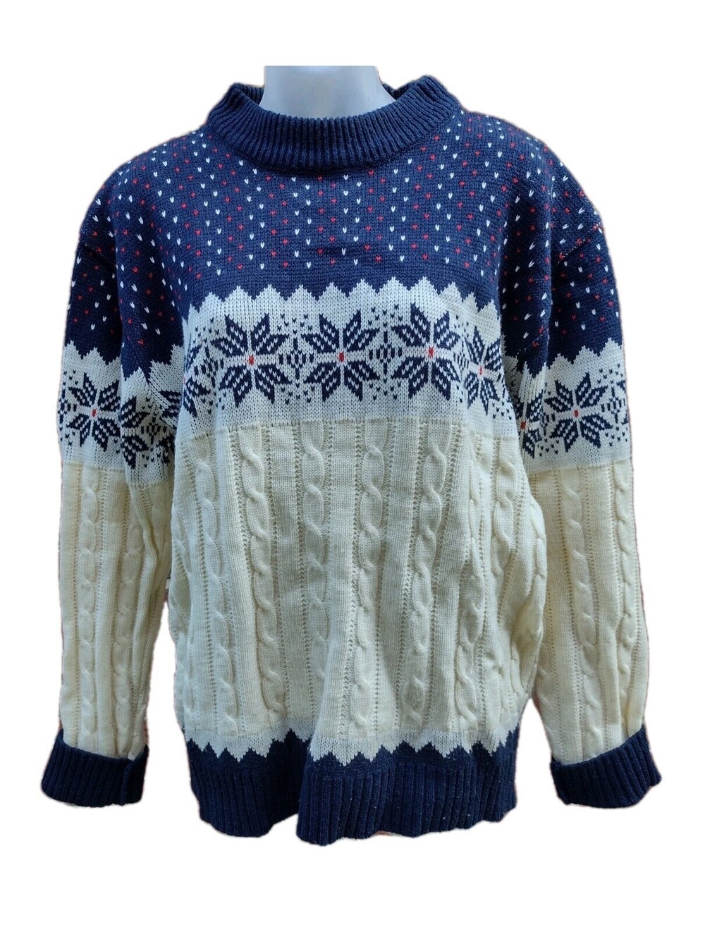 Vintage Andhurst Nordic Fair Isle Cable Knit Sweater Mock Neck Blue Cream M Mens